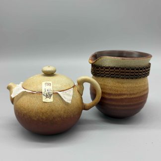 Lin’s Ceramic Studio Tea set with Cha Hai and six cups (Earthy Red-yellow), Teapot 150 ml